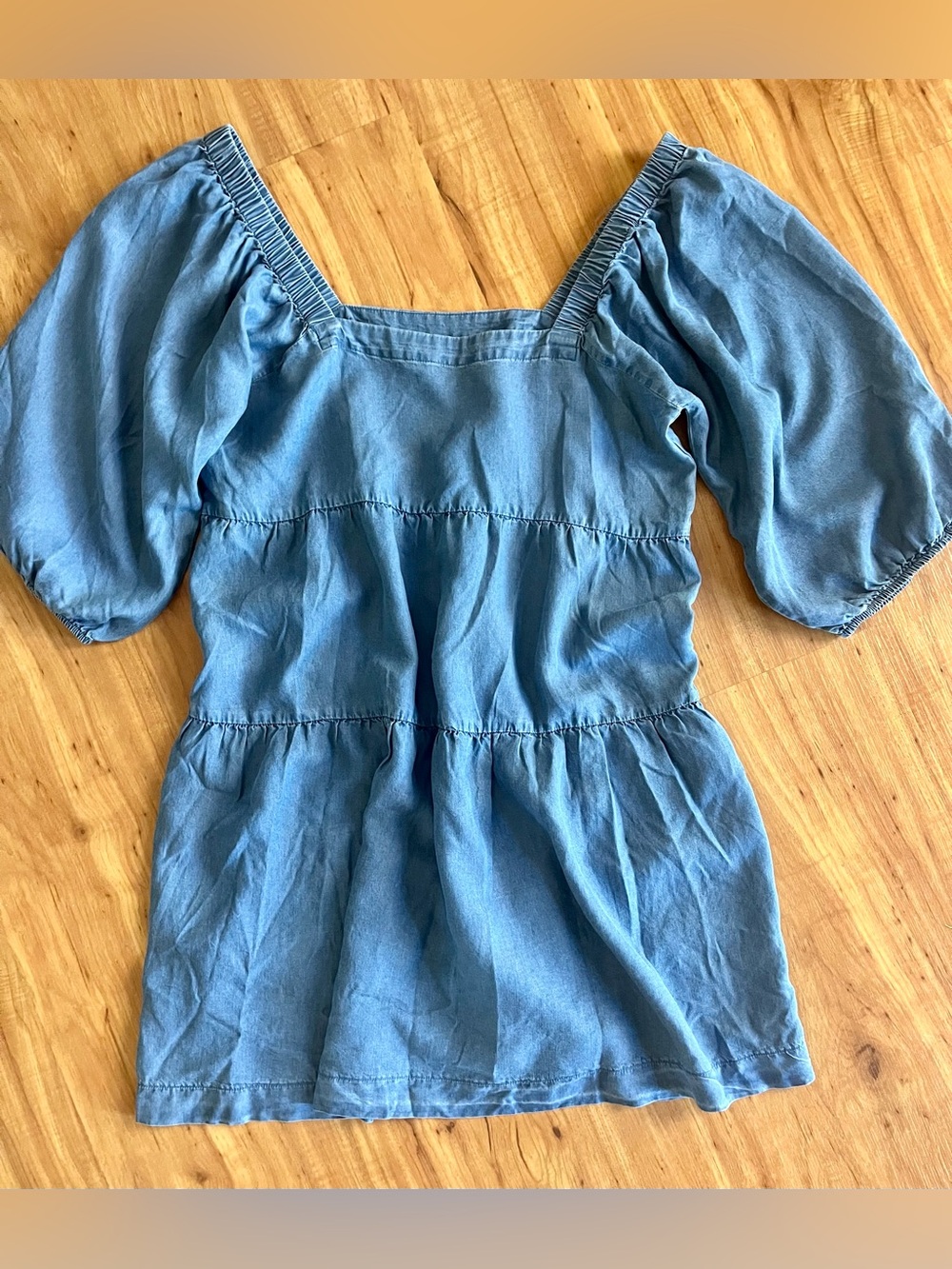 Womens Blue Square-Neck Puff Sleeve dress